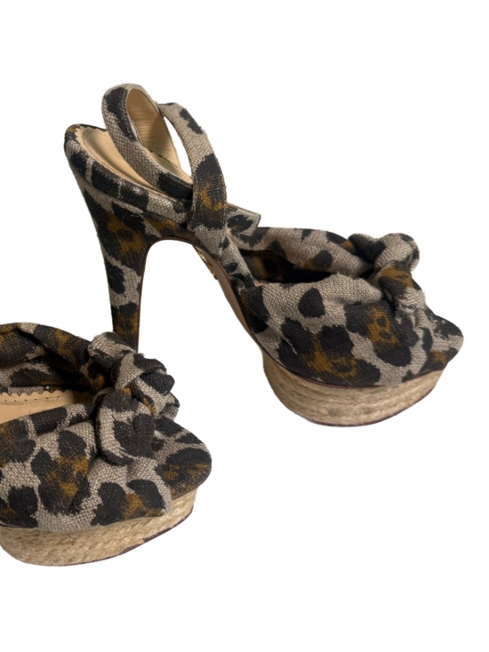 Charlotte Olympia Leopard Print Linen Platform Stiletto Sandals 38/8